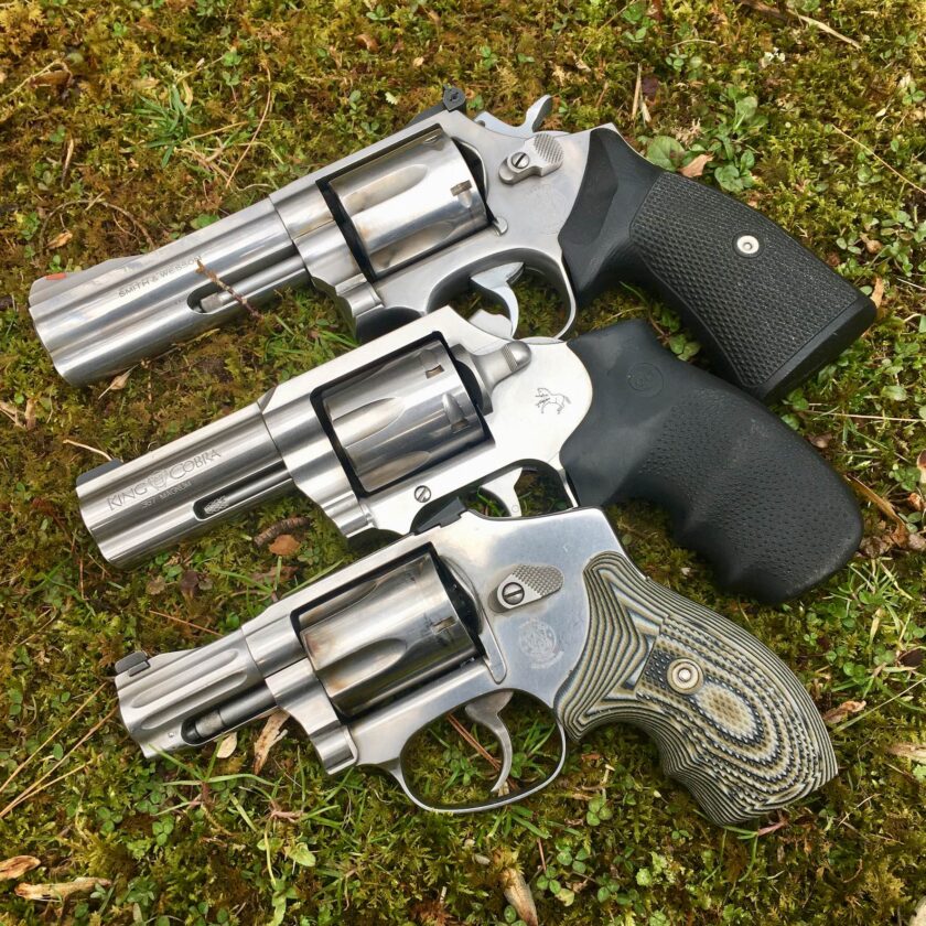 Three revovlers with different cocking capabilities. Thumb cocking mistakes are common gun mistakes in fiction.