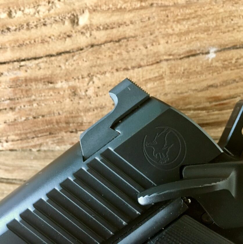 Vignette of rear sight on the Nighthawk Custom Carry.