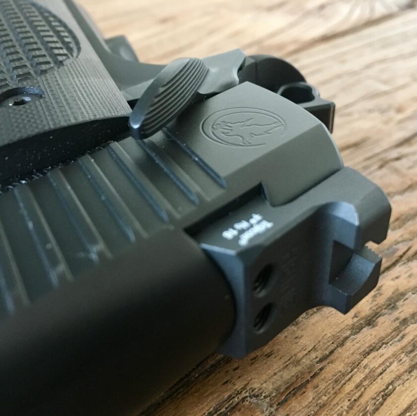 Vignette of ambidextrous thumb safety on the Nighthawk Custom Carry.