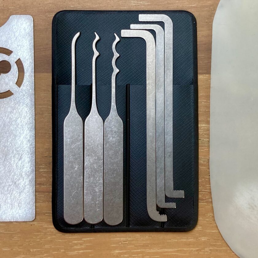 This is my wallet lockpick set. The three on the left are homemade, any  thing else I should include? : r/lockpicking