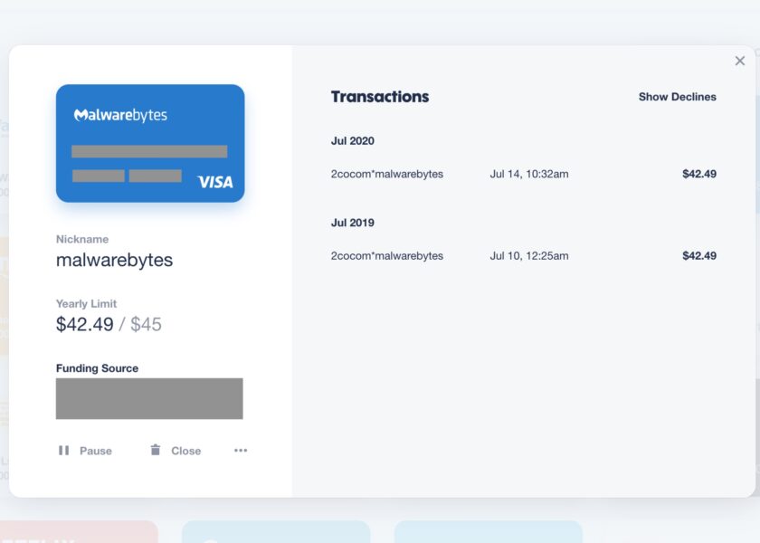 A screenshot of privacy.com transactions.