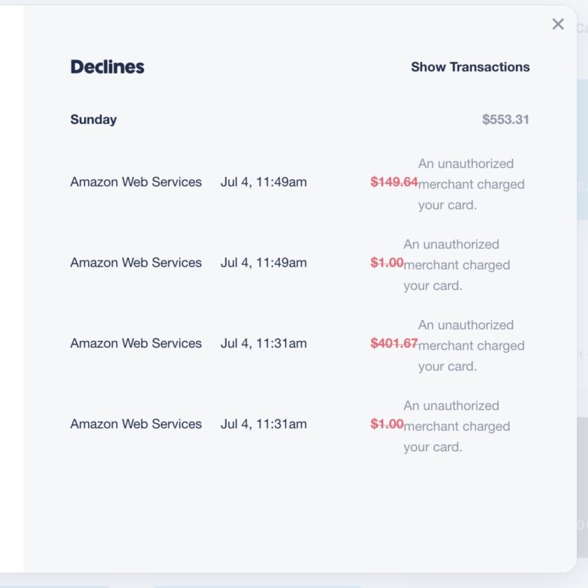List of declined charged on my Privacy.com account.